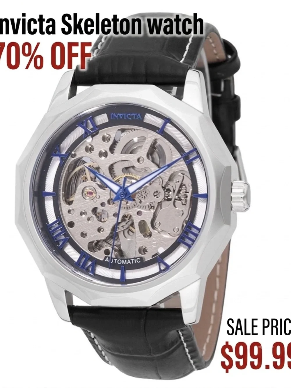 Invicta Men's Skeleton Automatic Watch - Silver, Blue & Black